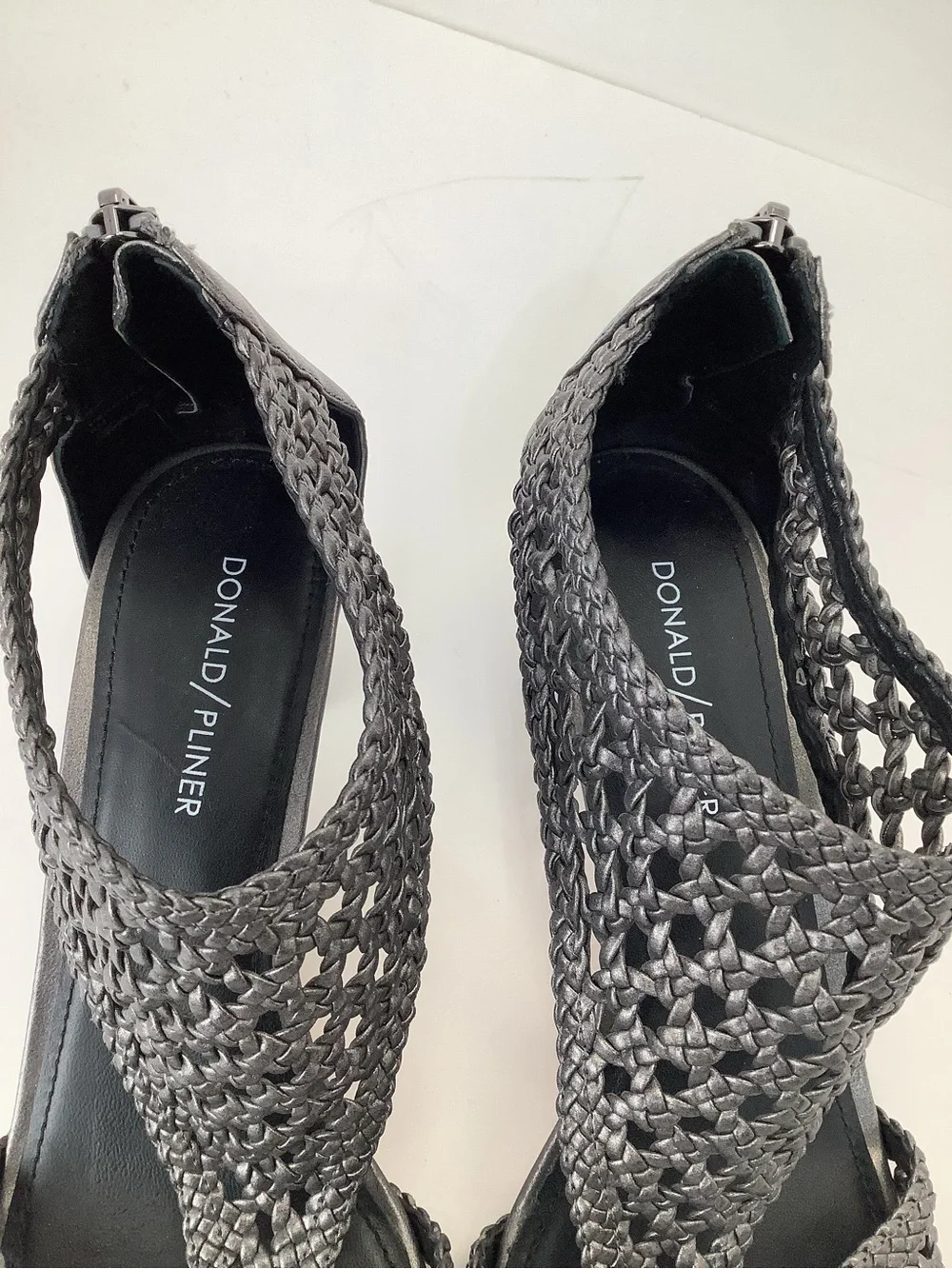 Donald J. Pliner Verona Gray Woven Leather Mid Heel Sandals